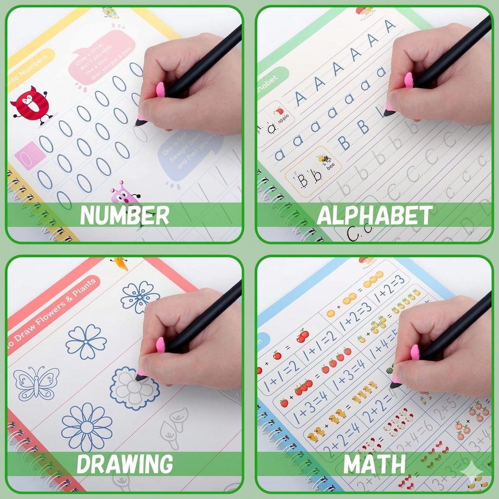 Magic Practice Copybook for Kids — Reusable Calligraphy & Handwriting Exercise Book | Set of 4 Books with 10 Refills, 2 Pens & 2 Grips | Fast Learning Textbook for Ages 3–10