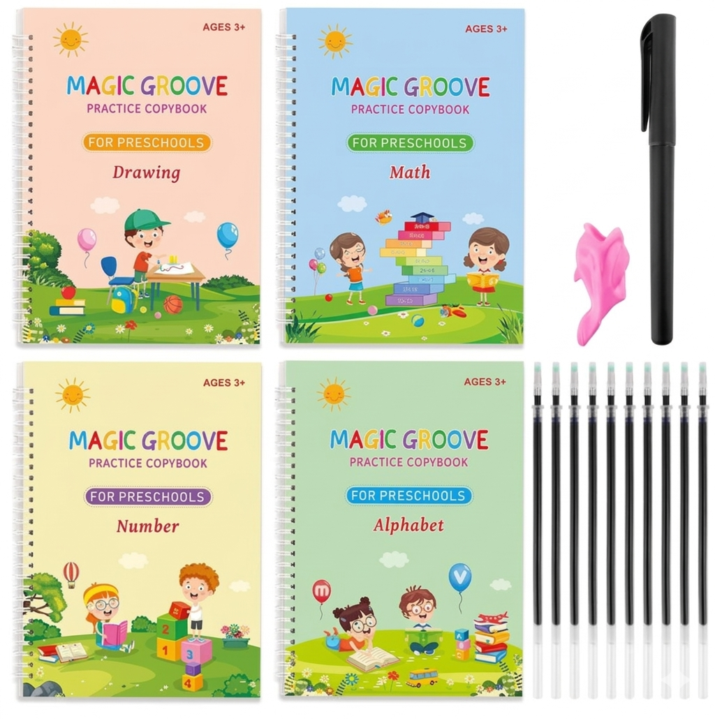 Magic Practice Copybook for Kids — Reusable Calligraphy & Handwriting Exercise Book | Set of 4 Books with 10 Refills, 2 Pens & 2 Grips | Fast Learning Textbook for Ages 3–10